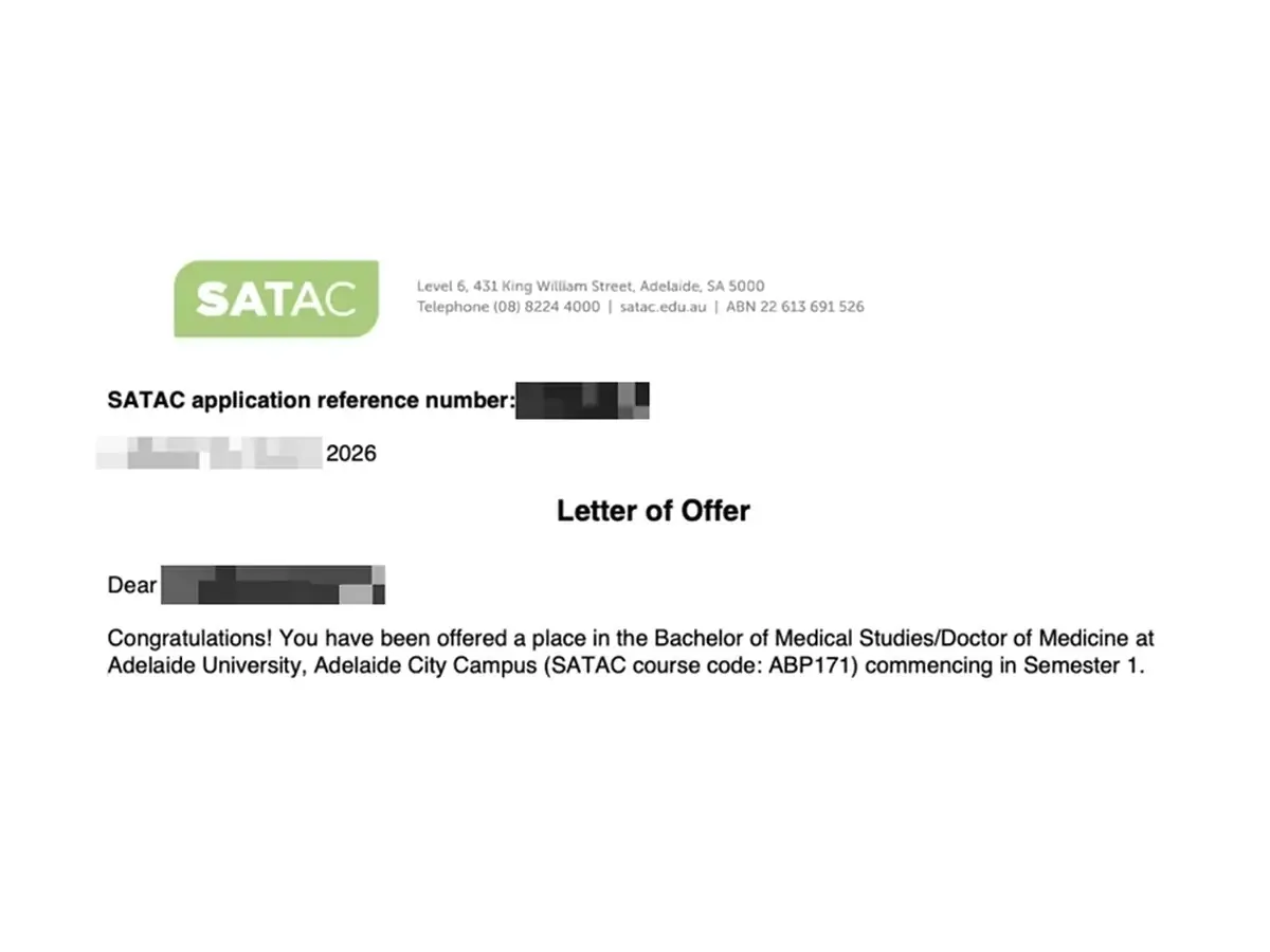 Medicine offer from Adelaide University