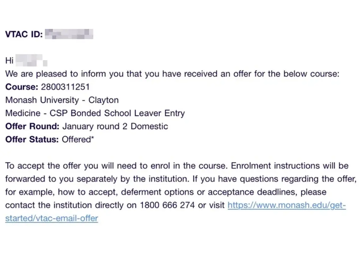 Medicine offer from Monash University